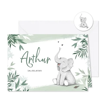 Geboortekaartje met olifant jongen groen jungle